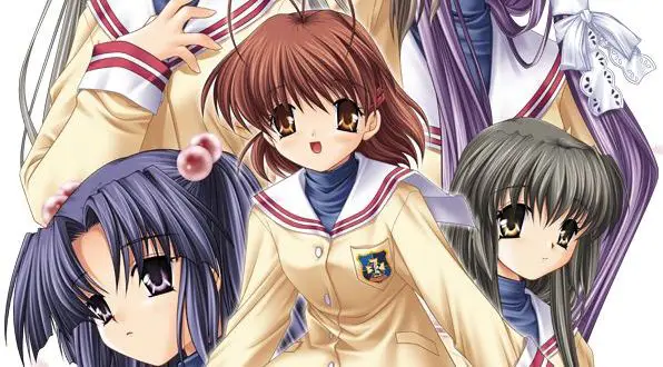 Visual kunci Clannad yang menggambarkan suasana anime Visual utama Clannad yang indah